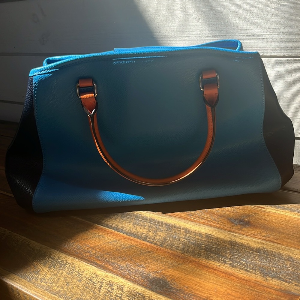 Coach Bright Blue Leather Tote with Orange Trim and Black Sides - Picture 11 of 15
